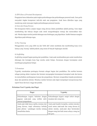 3) ZPD (Zone of Proximal Development)
Pengajaran harus didasarkan pada tingkat perkembangan dan perkembangan potensial anak. Guru perlu
menyadari tingkat kompetensi individu anak saat pengajaran. Anak harus diberikan tugas yang
mendorong untuk mencapai tingkat perkembangan potensial mereka.
4) Guru dan Orang Dewasa
Dia berargumen bahwa campur tangan orang dewasa dalam pendidikan adalah penting. Guru dapat
membimbing dan bekerja dengan anak untuk mengembangkan strategi dan memecahkan teka-
teki. Mereka dapat menilai jumlah dukungan atau bimbingan yang diperlukan. Sedikit bantuan mungkin
diperlukan pada beberapa tugas.
5) Peer Tutoring
Menggunakan siswa yang lebih tua dan 'lebih ahli' untuk membantu dan membimbing kerja siswa
lainnya yang ‘kurang’ adalah praktek yang umum di banyak lingkungan sekolah.
6) Scaffolding
Scaffolding menjadi bagian penting dari pendidikan. Anak-anak membutuhkan guru untuk memberikan
dukungan dan kerangka kerja bagi mereka untuk belajar, bersamaan dengan kesempatan untuk
membangun pengalaman belajar.
7) Permainan
Vygotsky menekankan pentingnya bermain sebagai bagian dari pendidikan. Dia melihat bermain
sebagai penting dalam imajinasi dan bermain meregangkan kemampuan konseptual anak dan karena
itu menyebabkan pembangunan konsep dan pengetahuan. Bermain mengarahkan kepada pemahaman
dasar dari pemikiran abstrak. Misalnya melalui bermain anak dapat mempelajari konsep-konsep baru
seperti besar dan kecil, tinggi dan pendek.
Perbedaan Teori Vygotsky dan Piaget.
Piaget Vygotsky
Perkembangan kognisi berkaitan dengan
gagasan anak-anak yang terlibat aktif,
mencari pengetahuan.
Perkembangan kognisi sangat terkait dengan
masukan dari orang lain.
Anak-anak tidak hanya replika miniatur dari
orang dewasa, tetapi sebenarnya berbeda
jalan pikiran / pandangan mereka tentang
menafsirkan dunia.
Anak-anak berpikir kompleks, melalui interaksi
sosial antara anak-anak dan orang dewasa di
sekitar mereka, anak-anak akan berinteraksi
dengan orang lain baik teman sebaya, orang tua
dan guru.
 