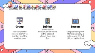 Group
Mercury is the
closest planet to
the Sun and the
smallest one
Subject
Venus has a
beautiful name and
is the second
planet from the
Sun
Lesson
Despite being red,
Mars is actually a
cold place. It’s full
of iron oxide dust
Whatisthistopicabout?
 