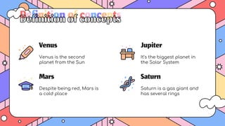 Venus
Venus is the second
planet from the Sun
Jupiter
It’s the biggest planet in
the Solar System
Mars
Despite being red, Mars is
a cold place
Saturn
Saturn is a gas giant and
has several rings
Definitionofconcepts
 