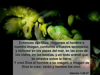 Entonces dijo Dios: Hagamos al hombre a nuestra imagen, conforme a nuestra semejanza; y señoree en los peces del mar, en las aves de los cielos, en las bestias, y en todo animal que se arrastra sobre la tierra. Y creó Dios al hombre a su imagen, a imagen de Dios lo creo; varón y hembra los creó.   Génesis 1:26-27 