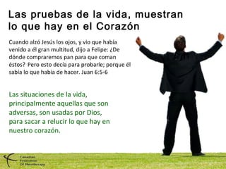 Las pruebas de la vida, muestran
lo que hay en el Corazón
Cuando alzó Jesús los ojos, y vio que había
venido a él gran multitud, dijo a Felipe: ¿De
dónde compraremos pan para que coman
éstos? Pero esto decía para probarle; porque él
sabía lo que había de hacer. Juan 6:5-6
Las situaciones de la vida,
principalmente aquellas que son
adversas, son usadas por Dios,
para sacar a relucir lo que hay en
nuestro corazón.
 