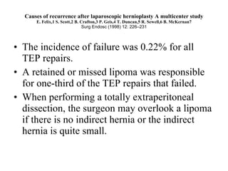 Causes of recurrence after laparoscopic hernioplasty A multicenter study E. Felix,1 S. Scott,2 B. Crafton,3 P. Geis,4 T. Duncan,5 R. Sewell,6 B. McKernan7 Surg Endosc (1998) 12: 226–231 The incidence of failure was 0.22% for all TEP repairs. A retained or missed lipoma was responsible for one-third of the TEP repairs that failed.  When performing a totally extraperitoneal dissection, the surgeon may overlook a lipoma if there is no indirect hernia or the indirect hernia is quite small.  
