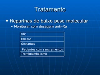 Tratamento Heparinas de baixo peso molecular Monitorar com dosagem anti-Xa Tromboembolismo Pacientes com sangramentos Gestantes Obesos IRC 