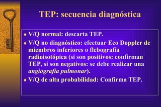 TEP: secuencia diagnóstica V/Q normal:  descarta TEP. V/Q no diagnóstico:  efectuar  Eco Doppler de miembros inferiores  o  flebografía radioisotópica ( si son  positivos:  confirman  TEP,  si son  negativos:  se debe realizar una   angiografía pulmonar ) . V/Q de alta probabilidad:  Confirma TEP. 