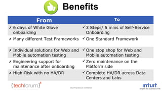 Benefits 
From To 
Intuit Proprietary & Confidential 
 6 days of White Glove 
onboarding 
3 Steps/ 5 mins of Self-Service 
Onboarding 
 Many different Test Frameworks One Standard Framework 
 Individual solutions for Web and 
Mobile automation testing 
One stop shop for Web and 
Mobile automation testing 
 Engineering support for 
maintenance after onboarding 
Zero maintenance on the 
Platform side 
 High-Risk with no HA/DR Complete HA/DR across Data 
Centers and Labs 

