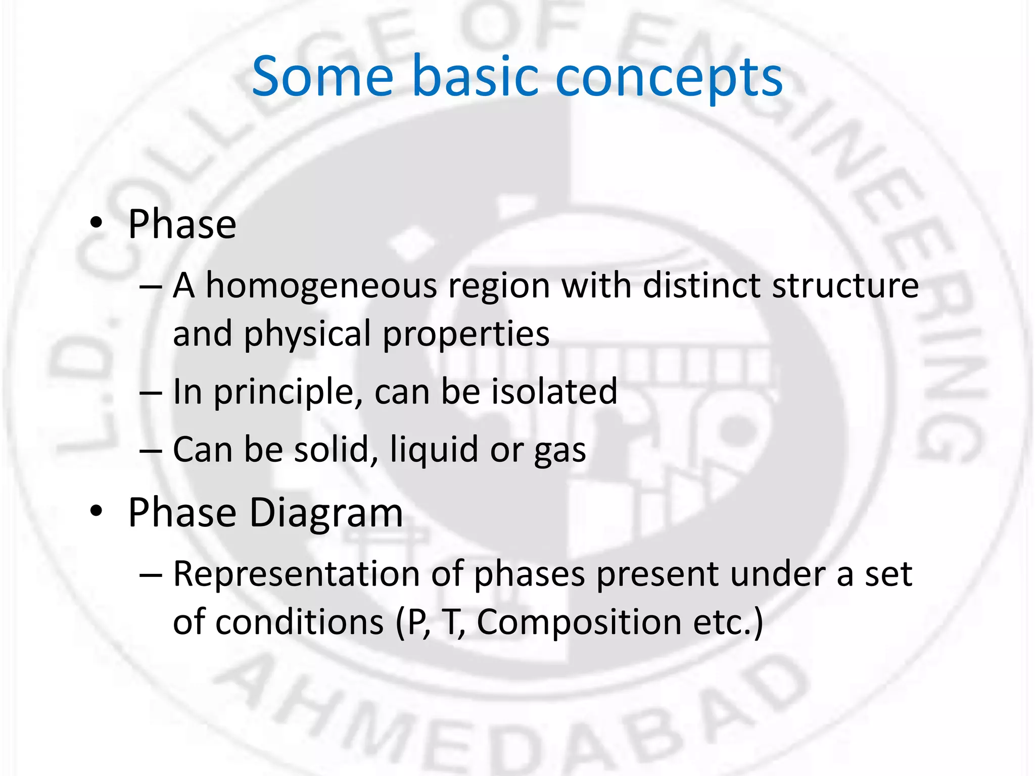 Some basic concepts
• Phase
– A homogeneous region with distinct structure
and physical properties
– In principle, can be isolated
– Can be solid, liquid or gas
• Phase Diagram
– Representation of phases present under a set
of conditions (P, T, Composition etc.)
 