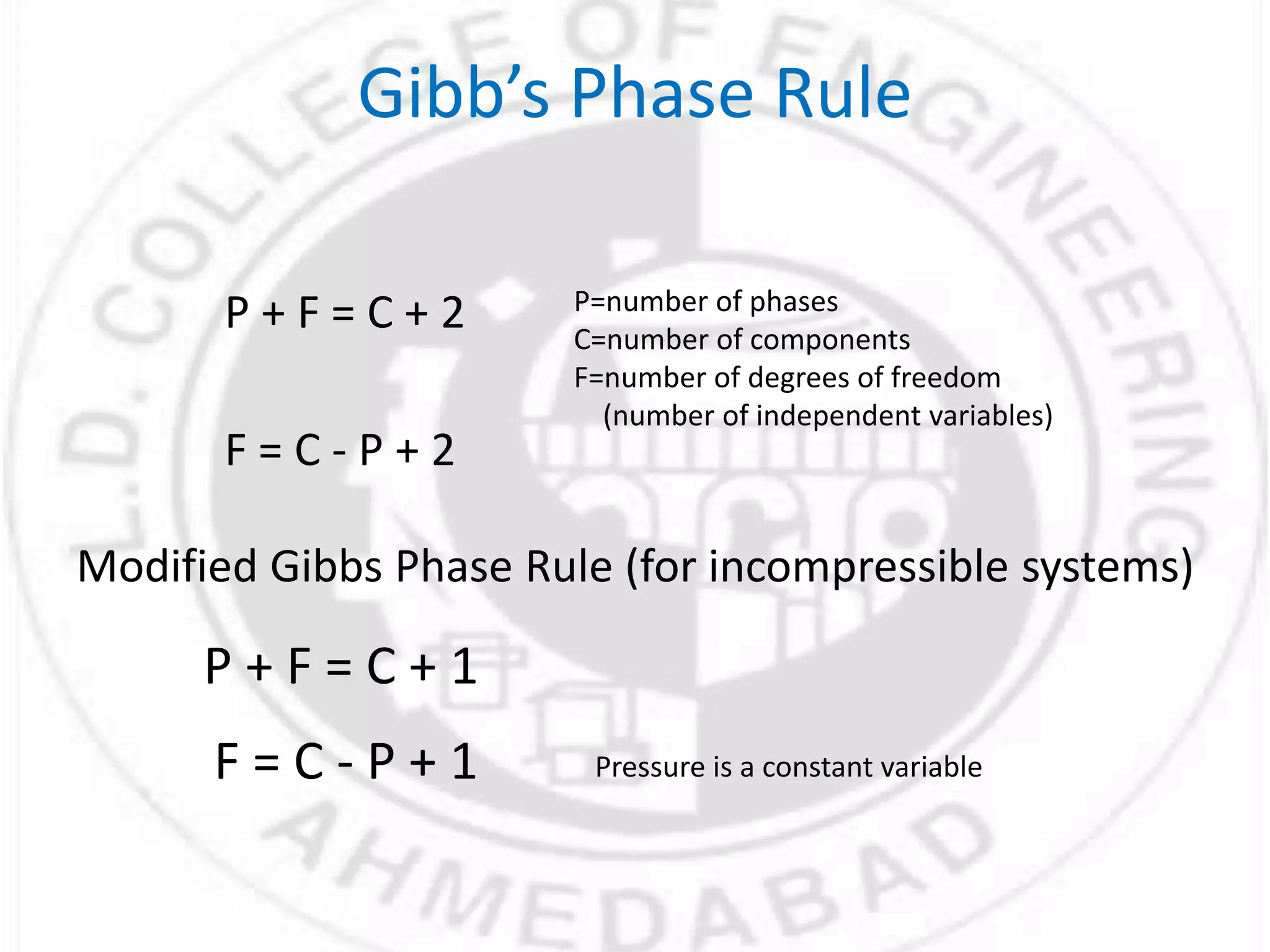 Gibb’s Phase Rule
P + F = C + 2 P=number of phases
C=number of components
F=number of degrees of freedom
(number of independent variables)
Modified Gibbs Phase Rule (for incompressible systems)
P + F = C + 1
Pressure is a constant variable
F = C - P + 2
F = C - P + 1
 