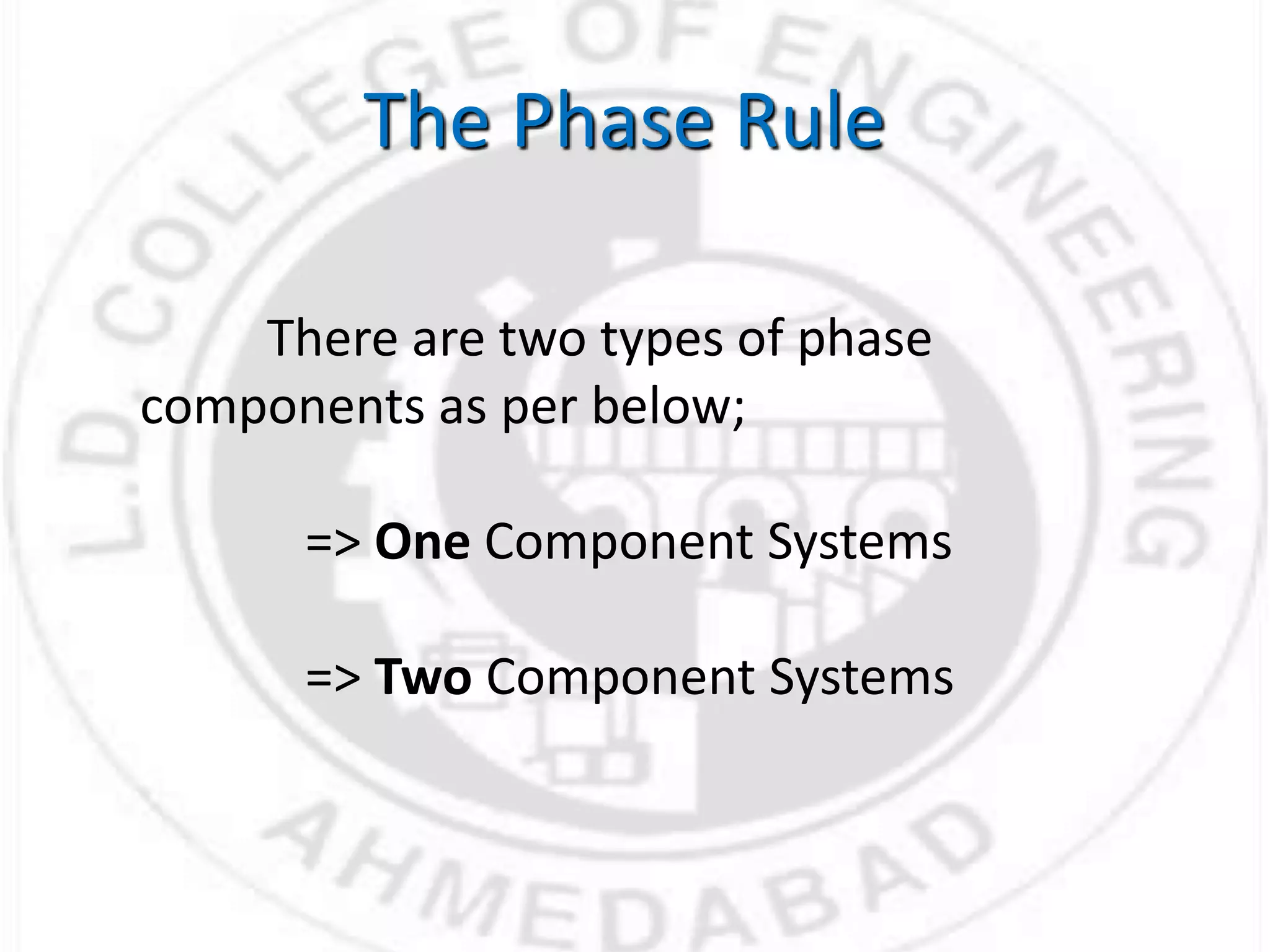 The Phase Rule
There are two types of phase
components as per below;
=> One Component Systems
=> Two Component Systems
 
