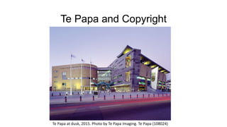 Te Papa and Copyright
Te Papa at dusk, 2015. Photo by Te Papa Imaging. Te Papa (108024)
 
