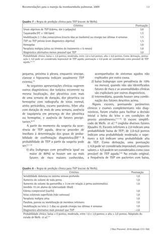 Recomendações para o manejo da tromboembolia pulmonar, 2009 
13 
Quadro 7 - Regra de predição clínica para TEP (escore de Wells). 
Critérios Pontuação 
Sinais objetivos de TVP (edema, dor à palpação) 3,0 
Taquicardia (FC > 100 bpm) 1,5 
Imobilização ≥ 3 dias consecutivos (exceto idas ao banheiro) ou cirurgia nas últimas 4 semanas 1,5 
TVP ou TEP prévias (com diagnóstico objetivo) 1,5 
Hemoptise 1,0 
Neoplasia maligna (ativa ou término do tratamento < 6 meses) 1,0 
Diagnóstico alternativo menos provável que TEP 3,0 
Probabilidade clínica: baixa < 2,0 pontos; moderada, entre 2,0 a 6,0 pontos; alta > 6,0 pontos. Como derivação, pontu-ação 
≤ 4,0 pode ser considerada improvável de TEP aguda; pontuação > 4,0 pode ser considerada como provável de TEP 
acompanhados de sintomas agudos não 
explicados por outra causa. 
2) baixa (subgrupo com prevalência de 10% 
ou menos), quando não são identificados 
fatores de risco e as anormalidades clínicas 
são explicáveis por outros diagnósticos. 
3) intermediária, quando houver uma combi-nação 
dos fatores descritos acima. 
Alguns escores, pontuando parâmetros 
clínicos e exames complementares não diag-nósticos, 
foram criados para facilitar a decisão 
inicial à beira do leito e em condições de 
pronto ­atendimento.( 
13-15) O escore simplifi-cado 
de Wells et al.(13) engloba diversos fatores 
(Quadro 7). Escores inferiores a 2,0 indicam uma 
probabilidade baixa de TEP; de 2,0-6,0 pontos 
indicam uma probabilidade moderada; e supe-riores 
a 6,0 indicam uma probabilidade alta 
de TEP. Como derivação, uma pontuação 
≤ 4,0 pode ser considerada improvável, enquanto 
valores > 4,0 podem ser considerados como caso 
provável de TEP aguda.(14) No estudo original, 
a frequência de TEP em pacientes com baixa, 
J Bras Pneumol. 2010;36(supl.1):S1-S68 
aguda.(12,13) 
pequena, próxima à pleura, enquanto síncope, 
cianose e hipoxemia indicam usualmente TEP 
extensa.(1) 
As seguintes apresentações clínicas sugerem 
outros diagnósticos: dor torácica recorrente na 
mesma localização, dor pleurítica com mais 
de uma semana de duração, dor pleurítica ou 
hemoptise com radiografia de tórax normal, 
atrito pericárdico, escarro purulento, febre alta 
com duração de mais de uma semana, ausência 
de taquipneia em presença de dor pleurítica 
ou hemoptise, e ausência de fatores precipi-tantes.( 
4-7) 
A partir do momento da suspeita da ocor-rência 
de TEP aguda, deve-se proceder de 
imediato à determinação dos graus de proba-bilidade 
de confirmação diagnóstica.(D)(11) A 
probabilidade de TEP a partir da suspeita pode 
ser:(11,12) 
1) alta (subgrupo com prevalência igual ou 
maior de 80%) se houver um ou mais 
fatores de risco maiores conhecidos, 
Quadro 8 - Regra de predição clínica para TVP (escore de Wells). 
Critérios Pontuação 
Sensibilidade dolorosa no sistema venoso profundo 1,0 
Aumento do volume de toda perna 1,0 
Aumento do volume da panturrilha > 3 cm em relação à perna assintomática 
1,0 
(medido 10 cm abaixo da tuberosidade tibial) 
Edema compressível (cacifo) 1,0 
Veias colaterais superficiais (não varicosas) 1,0 
Neoplasia maligna ativa 1,0 
Paralisia, paresia ou imobilização de membros inferiores 1,0 
Imobilização no leito ≥ 3 dias ou grande cirurgia nas últimas 4 semanas 1,0 
Diagnostico alternativo mais provável que TVP −2,0 
Probabilidade clínica: baixa < 0 pontos; moderada, entre 1,0 e 2,0 pontos; e alta > 2,0 pontos. Adaptado do 
estudo de Wells et al.(17) 
 