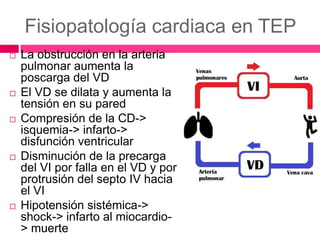 Fisiopatología cardiaca en TEP
 La obstrucción en la arteria
pulmonar aumenta la
poscarga del VD
 El VD se dilata y aumenta la
tensión en su pared
 Compresión de la CD->
isquemia-> infarto->
disfunción ventricular
 Disminución de la precarga
del VI por falla en el VD y por
protrusión del septo IV hacia
el VI
 Hipotensión sistémica->
shock-> infarto al miocardio-
> muerte
 