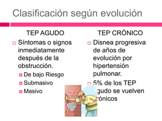 Clasificación según evolución
TEP AGUDO
 Síntomas o signos
inmediatamente
después de la
obstrucción.
 De bajo Riesgo
 Submasivo
 Masivo
TEP CRÓNICO
 Disnea progresiva
de años de
evolución por
hipertensión
pulmonar.
 5% de los TEP
agudo se vuelven
crónicos
 