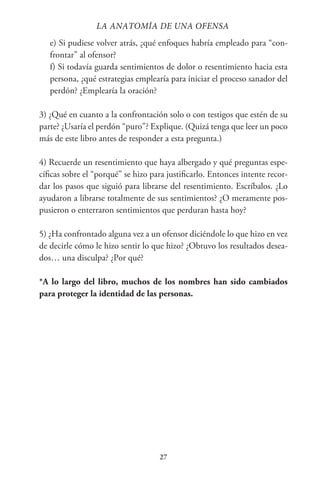 27
e) Si pudiese volver atrás, ¿qué enfoques habría empleado para “con-
frontar” al ofensor?
f) Si todavía guarda sentimientos de dolor o resentimiento hacia esta
persona, ¿qué estrategias emplearía para iniciar el proceso sanador del
perdón? ¿Emplearía la oración?
3) ¿Qué en cuanto a la confrontación solo o con testigos que estén de su
parte? ¿Usaría el perdón “puro”? Explique. (Quizá tenga que leer un poco
más de este libro antes de responder a esta pregunta.)
4) Recuerde un resentimiento que haya albergado y qué preguntas espe-
cíficas sobre el “porqué” se hizo para justificarlo. Entonces intente recor-
dar los pasos que siguió para librarse del resentimiento. Escríbalos. ¿Lo
ayudaron a librarse totalmente de sus sentimientos? ¿O meramente pos-
pusieron o enterraron sentimientos que perduran hasta hoy?
5) ¿Ha confrontado alguna vez a un ofensor diciéndole lo que hizo en vez
de decirle cómo le hizo sentir lo que hizo? ¿Obtuvo los resultados desea-
dos… una disculpa? ¿Por qué?
*A lo largo del libro, muchos de los nombres han sido cambiados
para proteger la identidad de las personas.
LA ANATOMİA DE UNA OFENSA
 