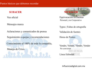 Influenciadigital.com.mx
• Voz oﬁcial
• Mensajes marca
• Aclaraciones y comunicados de prensa
• Seguimiento a quejas y recomendaciones
• Conocimiento al 100% de toda la compañía,
• Manejo de Crisis
Puntos básicos que debemos recordar
• Equivocación en cuentas
– Personal y no Corporativo
• Typos | Faltas de ortografía
• Validación de fuentes
• Horas de Posteo
• Vender, Vender, Vender, Vender
– No conversar
• Línea Editorial
SI HACER NO HACER
 