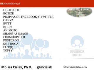 Influenciadigital.com.mxMoises Cielak, Ph.D. @mcielak
HERRAMIENTAS
HOOTSUITE
BOTIZE
PROPIAS DE FACEBOOK Y TWITTER
CANVA
IFTTT
BIT.LY
ANIMOTO
SHARE AS IMAGE
FROMDOPPLER
POSTCRON
SMETRICA
FLOQQ
TOPSY
 