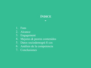 Influenciadigital.com.mxMoises Cielak, Ph.D. @mcielak
1.
2.
3.
4.
5.
6.
7.
ÍNDICE
-
Fans
Alcance
Engagement
Mejores & peores contenidos
Datos sociodemográ ﬁ cos
Análisis de la competencia
Conclusiones
 