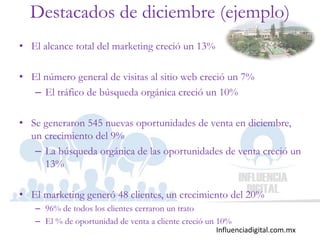 Influenciadigital.com.mx
Destacados de diciembre (ejemplo)
• El alcance total del marketing creció un 13%
• El número general de visitas al sitio web creció un 7%
– El tráfico de búsqueda orgánica creció un 10%
• Se generaron 545 nuevas oportunidades de venta en diciembre,
un crecimiento del 9%
– La búsqueda orgánica de las oportunidades de venta creció un
13%
• El marketing generó 48 clientes, un crecimiento del 20%
– 96% de todos los clientes cerraron un trato
– El % de oportunidad de venta a cliente creció un 10%
 