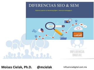 Influenciadigital.com.mxMoises Cielak, Ph.D. @mcielak
DIFERENCIAS SEO & SEM
Diploma superior en Marketing Digital Amercian Andragogy U.
 