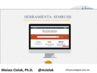 Influenciadigital.com.mxMoises Cielak, Ph.D. @mcielak
HERRAMIENTA: SEMRUSH
Analiza los blogs del sector y nos permite ver el mejor uso de Long Tail.
32
Gabriela Mejia T.
 