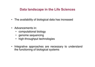 Data landscape in the Life Sciences
•  The availability of biological data has increased"
•  Advancements in:"
•  computational biology"
•  genome sequencing"
•  high-throughput technologies "
•  Integrative approaches are necessary to understand
the functioning of biological systems"
 