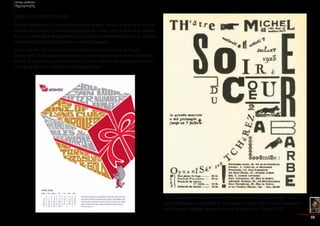 Design problems 
Typography 
22 
Display typography 
Display typography is a potent element in graphic design, where there is less 
concern for readability and more potential for using type in an artistic manner. 
Type is combined with negative space, graphic elements and pictures, forming 
relationships and dialog between words and images. 
Color and size of type elements are much more prevalent than in text 
typography. Most display typography exploits type at larger sizes, where the 
details of letter design are magnified. Color is used for its emotional effect in 
conveying the tone and nature of subject matter. 
This Dada poster uses a variety of typefaces as well as advertising “cuts” 
(stock illustrations available in the printer’s shop). The layout is innovative 
and dynamic, fighting against the grid. of letterpress. Iliazd, 1923. 
 