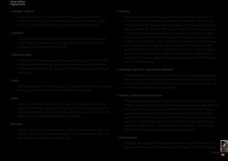 Design problems 
Typography 
34 
Hanging Indent 
A document style in which the 6rstline of a paragraph is aligned 
with the left margin, and the remaining lines are all indented an equal 
amount. This is an effective way to display lists of information. 
Headline 
The short lines of emphasized text that introduce detail information 
in the body text that follows. Also the category of typefaces that are 
designed to work best in headline text. 
Headline font 
A font that has been designed to look good at large point sizes for use 
in headlines. Headline fonts generally do not contain a complete set 
of characters since they do not require a fullest of special symbols and 
punctuation. 
Hints 
The mathematical instructions added to digital fonts to make them sharp 
at all sizes and on display devices of different resolutions. 
Italic 
A slanting or script-like version of a face. The upright faces are often 
referred to as roman. Some publishing applications allow you to apply a 
computer-generated, or fake, italicized style to a roman font. Using this 
technique is not recommended. Also see oblique. 
Justified 
A block of text that has been spaced so that the text aligns on both the 
left and right margins. justified text has a more formal appearance, but 
may be harder to read if not properly set. 
Kerning 
The adjustment of horizontal space between individual characters in 
a line of text. Without kerning adjustments, many letter combinations 
can look awkward. The objective of kerning is to create visually equal 
spaces between all letters so that the eye can move smoothly along the 
text. Some combinations of characters naturally have excessive space 
between them (such as Ta or vo) and must be manually adjusted by the 
designer or typographer. These adjusted combinations are called kerned 
pairs. Kerning may be applied automatically by desktop publishing 
programs based on tables of values built into the font. Some programs 
also allow manual kerning to make fine adjustments. Adjustments in 
kerning are especially important in large display and headline text lines. 
Also see letter spacing. 
Keyboard layout, keyboard mapping 
A keyboard layout or mapping is a table used by a computer operating 
system to govern which character code is generated when a key or key 
combination is pressed. Sometimes known as a character mapping. Also 
see character, character encoding, glyph. 
Leading (pronounced ledding) 
The amount of space added between lines of text to make the document 
legible. The term originally referred to the thin lead spacers that printers 
used to physically increase space between lines of metal type. Most 
applications automatically apply standard leading based on the point 
size of the font. Closer leading fits more text on the page, but decreases 
legibility. Looser leading spreads text out to fill a page and makes the 
document easier to read. Leading can also be negative, in which case 
the lines of text are so close that they overlap or touch. 
Letterspadng 
Adjusting the average distance between letters in a block of text to fit 
more or less text into the given space or to improve legibility. Kerning 
 