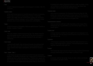 Design problems 
Typography 
36 
Pica 
A unit of measure in typography. A pica is equal to 12 points. The 1/6 
of an inch. 
Picture font 
A font that displays pictures or symbols instead of letters or characters. 
Picture fonts are useful for making logos, borders or interesting 
bullets. Like clipart, they can also be used as graphic raw material in 
some graphics software packages, such as Adobe Photoshop or Adobe 
Illustrator. Also known as pi fonts, symbol fonts, and dingbats. 
Point 
A unit of measure in typography. There are approximately 72 points to 
the inch. A pica is 12 points. 
Point size 
The most common method of measuring type. The distance from the 
top of the highest ascender to the bottom of the lowest descended in 
points. In Europe, type is sometimes measured by the cap height in 
millimeters. 
PostScript 
mathematically-based page description language that communicates 
with your output device and conveys information regarding how to 
create complex letter shapes and graphics. Developed by Adobe in 
1985. 
Post Script Type 1 
A font format designed to conform to the PostScript page description 
language. On Windows, PostScript Type 1fontsconsist of a PPB file that 
contains the font’s outline information and a PFM file that contains the 
font’s metrics. On the Mac OS platform, PostScript fonts are composed 
of screen fonts (or bitmapped fonts) and printer fonts (or outline fonts). 
PostScript fonts require a PostScript printer to render accurately or they 
can be printed to a non-PostScript output device using Adobe Type 
Manager. Also see PostScript font, Multiple Master. 
Printer font 
One of the two components of a PostScript font for the Mac OS. The 
printer font contains mathematically-defined outlines for all characters 
(or glyphs) in that font, and is downloaded to the printer when that font 
is used in a document Also known as an outline font. 
Proportional figures 
Numerals that have different widths depending on their shape. When 
setting body text, it is preferable to use proportional figures. Also see 
tabular figures. 
Raised cap 
A design treatment in which the first capital letter of a paragraph is set 
in a large point size and aligned with the baseline of the first line of text. 
Also see drop cap. 
Reverse 
The technique of printing or displaying whiter light­colored 
text on a 
black or dark background for emphasis. This technique greatly reduces 
legibility, especially with small type. 
Rivers 
Word spaces that align vertically from line to line in poorly justified text 
creating a distracting river of white space in a block of copy. 
Roman 
Commonly refers to the upright version of a face within a font family, 
as compared to the italic version. 
 