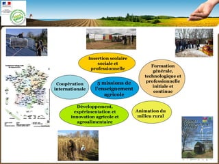 5 missions de
l’enseignement
agricole
Coopération
internationale
Insertion scolaire
sociale et
professionnelle
Formation
générale,
technologique et
professionnelle
initiale et
continue
Animation du
milieu rural
Développement,
expérimentation et
innovation agricole et
agroalimentaire
 
