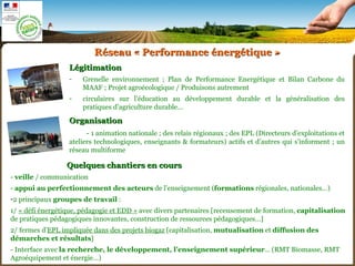 LégitimationLégitimation
- Grenelle environnement ; Plan de Performance Energétique et Bilan Carbone du
MAAF ; Projet agroécologique / Produisons autrement
- circulaires sur l’éducation au développement durable et la généralisation des
pratiques d’agriculture durable…
Quelques chantiers en coursQuelques chantiers en cours
- veille / communication
- appui au perfectionnement des acteurs de l’enseignement (formations régionales, nationales…)
-2 principaux groupes de travail :
1/ « défi énergétique, pédagogie et EDD » avec divers partenaires [recensement de formation, capitalisation
de pratiques pédagogiques innovantes, construction de ressources pédagogiques…]
2/ fermes d’EPL impliquée dans des projets biogaz [capitalisation, mutualisation et diffusion des
démarches et résultats]
- Interface avec la recherche, le développement, l’enseignement supérieur… (RMT Biomasse, RMT
Agroéquipement et énergie…)
Réseau « Performance énergétique »Réseau « Performance énergétique »
OrganisationOrganisation
- 1 animation nationale ; des relais régionaux ; des EPL (Directeurs d’exploitations et
ateliers technologiques, enseignants & formateurs) actifs et d’autres qui s’informent ; un
réseau multiforme
 