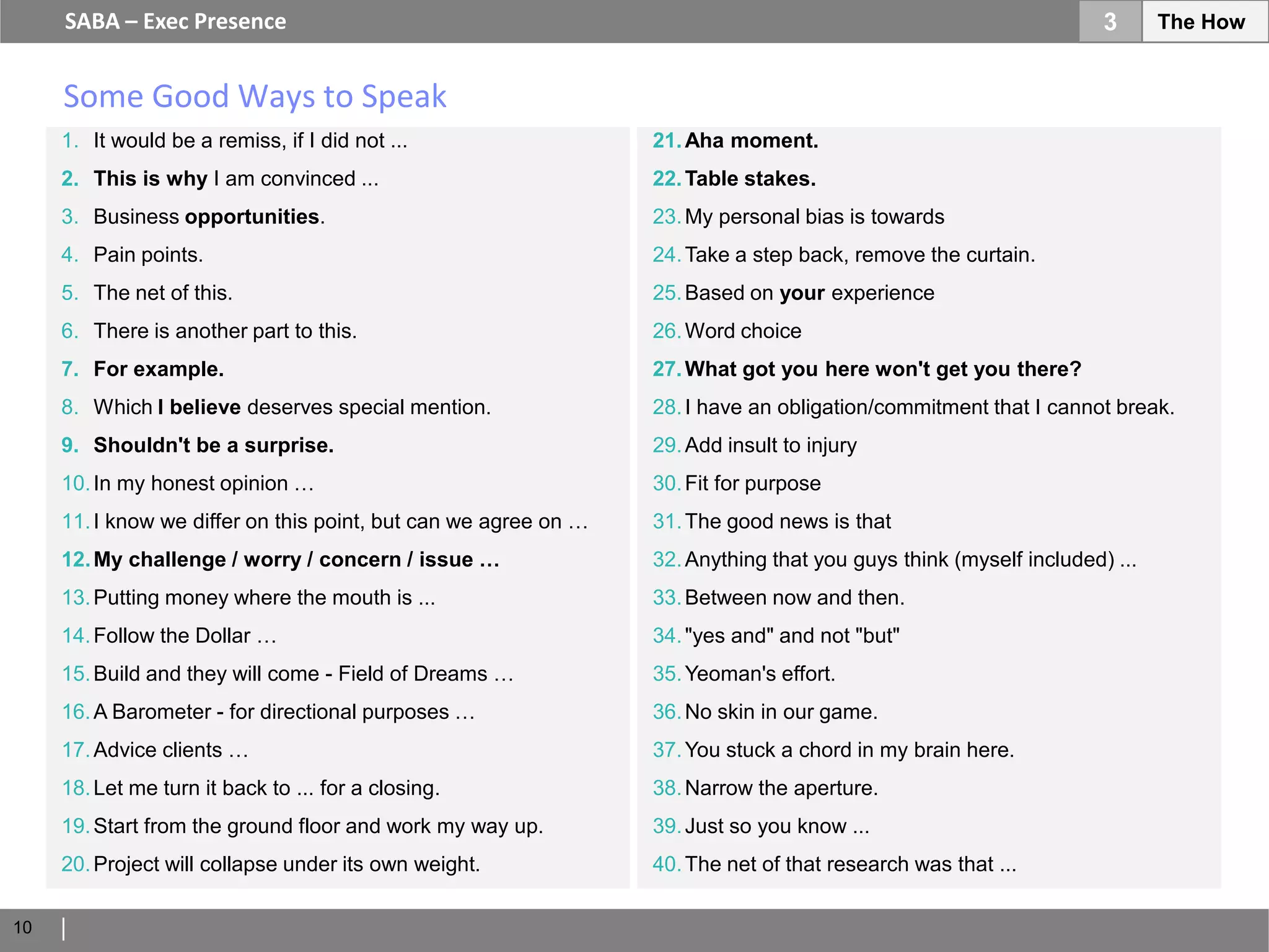SABA – Exec Presence                                                                                          3      The How


     Some Good Ways to Speak
     1. It would be a remiss, if I did not ...                   21. Aha moment.
     2. This is why I am convinced ...                           22. Table stakes.
     3. Business opportunities.                                  23. My personal bias is towards
     4. Pain points.                                             24. Take a step back, remove the curtain.
     5. The net of this.                                         25. Based on your experience
     6. There is another part to this.                           26. Word choice
     7. For example.                                             27. What got you here won't get you there?
     8. Which I believe deserves special mention.                28. I have an obligation/commitment that I cannot break.
     9. Shouldn't be a surprise.                                 29. Add insult to injury
     10. In my honest opinion …                                  30. Fit for purpose
     11. I know we differ on this point, but can we agree on …   31. The good news is that
     12. My challenge / worry / concern / issue …                32. Anything that you guys think (myself included) ...
     13. Putting money where the mouth is ...                    33. Between now and then.
     14. Follow the Dollar …                                     34. "yes and" and not "but"
     15. Build and they will come - Field of Dreams …            35. Yeoman's effort.
     16. A Barometer - for directional purposes …                36. No skin in our game.
     17. Advice clients …                                        37. You stuck a chord in my brain here.
     18. Let me turn it back to ... for a closing.               38. Narrow the aperture.
     19. Start from the ground floor and work my way up.         39. Just so you know ...
     20. Project will collapse under its own weight.             40. The net of that research was that ...

10
 