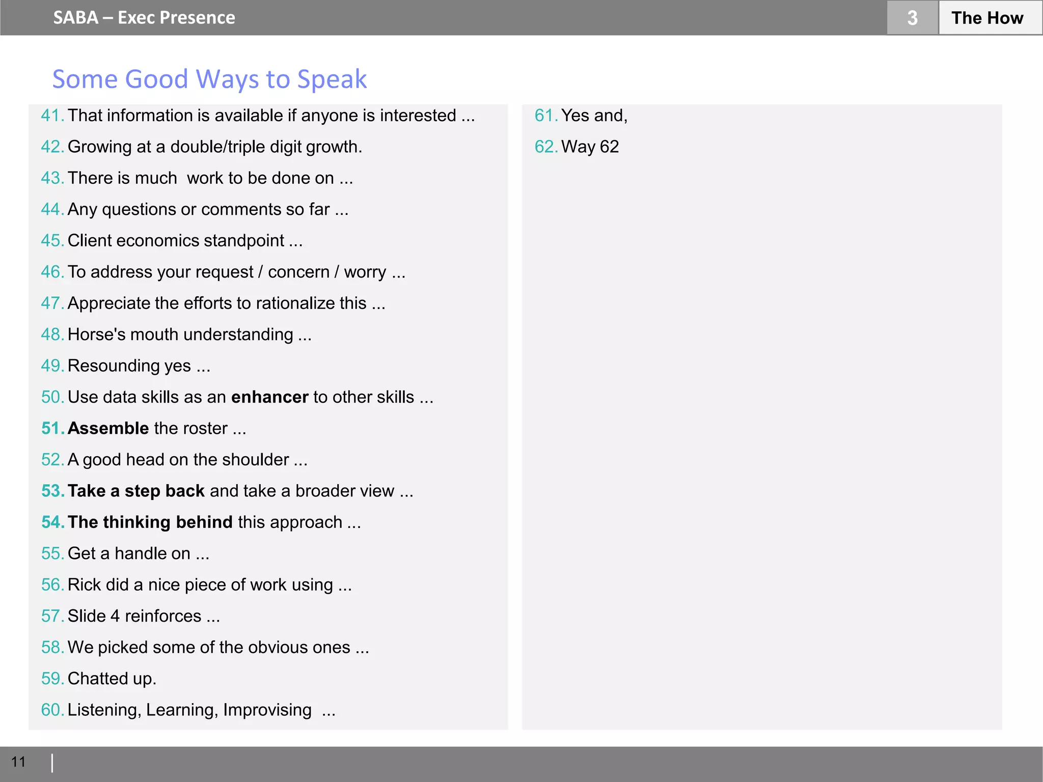 SABA – Exec Presence                                                          3   The How


      Some Good Ways to Speak
     41. That information is available if anyone is interested ...   61. Yes and,
     42. Growing at a double/triple digit growth.                    62. Way 62
     43. There is much work to be done on ...
     44. Any questions or comments so far ...
     45. Client economics standpoint ...
     46. To address your request / concern / worry ...
     47. Appreciate the efforts to rationalize this ...
     48. Horse's mouth understanding ...
     49. Resounding yes ...
     50. Use data skills as an enhancer to other skills ...
     51. Assemble the roster ...
     52. A good head on the shoulder ...
     53. Take a step back and take a broader view ...
     54. The thinking behind this approach ...
     55. Get a handle on ...
     56. Rick did a nice piece of work using ...
     57. Slide 4 reinforces ...
     58. We picked some of the obvious ones ...
     59. Chatted up.
     60. Listening, Learning, Improvising ...

11
 