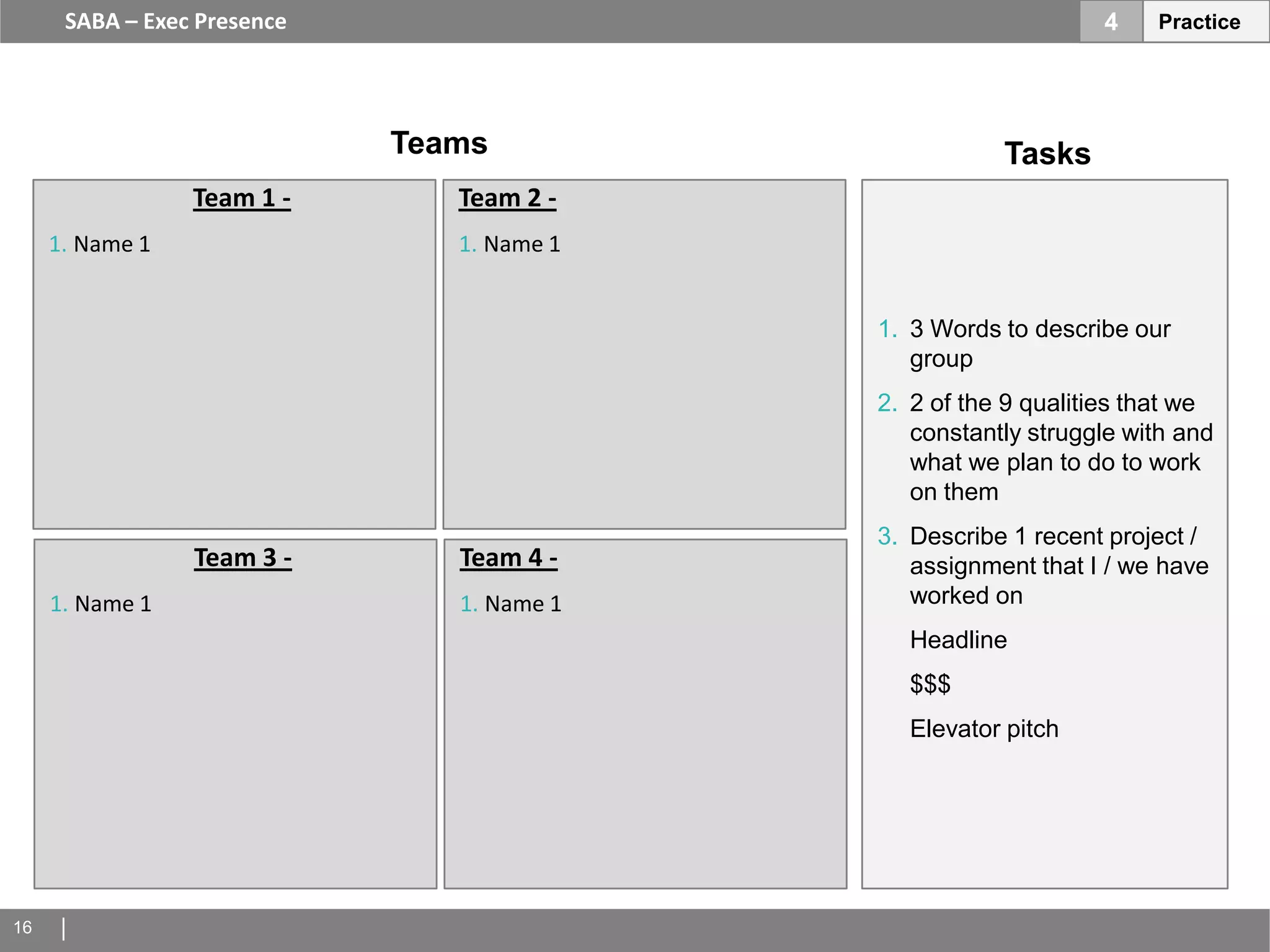 SABA – Exec Presence                                      4    Practice




                             Teams                     Tasks
                 Team 1 -       Team 2 -
     1. Name 1                  1. Name 1


                                            1. 3 Words to describe our
                                               group
                                            2. 2 of the 9 qualities that we
                                               constantly struggle with and
                                               what we plan to do to work
                                               on them
                                            3. Describe 1 recent project /
                 Team 3 -       Team 4 -       assignment that I / we have
     1. Name 1                  1. Name 1      worked on
                                              Headline
                                              $$$
                                              Elevator pitch




16
 