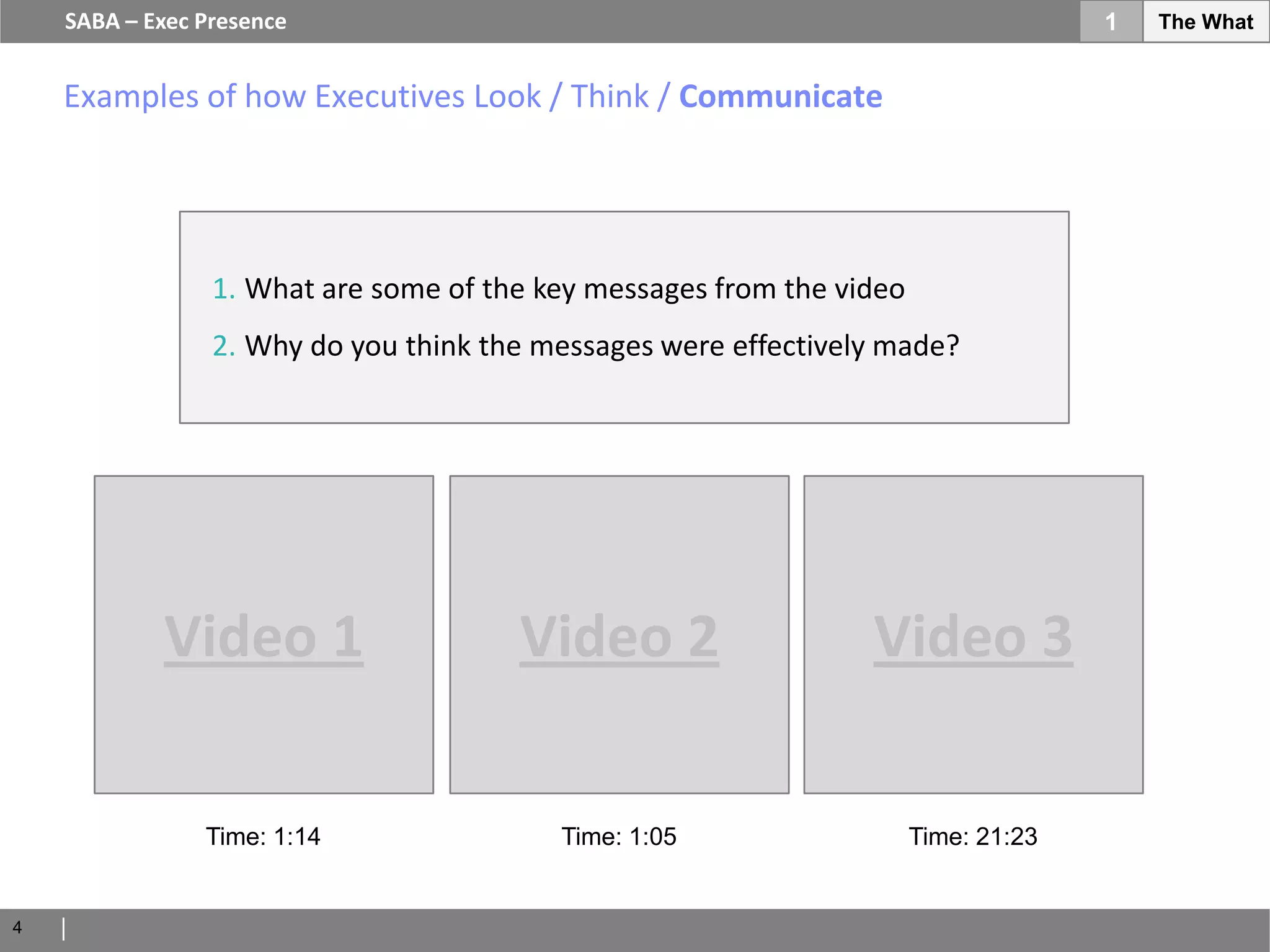 SABA – Exec Presence                                                             1   The What


    Examples of how Executives Look / Think / Communicate




                 1. What are some of the key messages from the video
                 2. Why do you think the messages were effectively made?




            Video 1                    Video 2                   Video 3

                Time: 1:14                Time: 1:05                   Time: 21:23


4
 