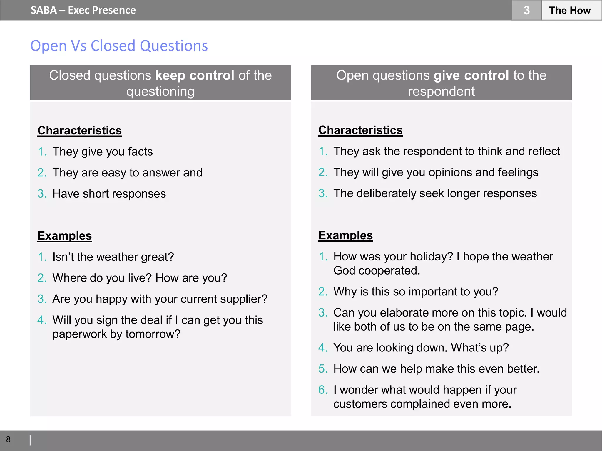 SABA – Exec Presence                                                                       3     The How


    Open Vs Closed Questions
       Closed questions keep control of the               Open questions give control to the
                   questioning                                       respondent

     Characteristics                                   Characteristics
     1. They give you facts                            1. They ask the respondent to think and reflect
     2. They are easy to answer and                    2. They will give you opinions and feelings
     3. Have short responses                           3. The deliberately seek longer responses


     Examples                                          Examples
     1. Isn’t the weather great?                       1. How was your holiday? I hope the weather
                                                          God cooperated.
     2. Where do you live? How are you?
                                                       2. Why is this so important to you?
     3. Are you happy with your current supplier?
                                                       3. Can you elaborate more on this topic. I would
     4. Will you sign the deal if I can get you this
                                                          like both of us to be on the same page.
        paperwork by tomorrow?
                                                       4. You are looking down. What’s up?
                                                       5. How can we help make this even better.
                                                       6. I wonder what would happen if your
                                                          customers complained even more.

8
 