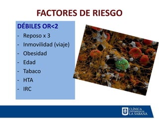 FACTORES DE RIESGO
DÉBILES OR<2
- Reposo x 3
- Inmovilidad (viaje)
- Obesidad
- Edad
- Tabaco
- HTA
- IRC
 