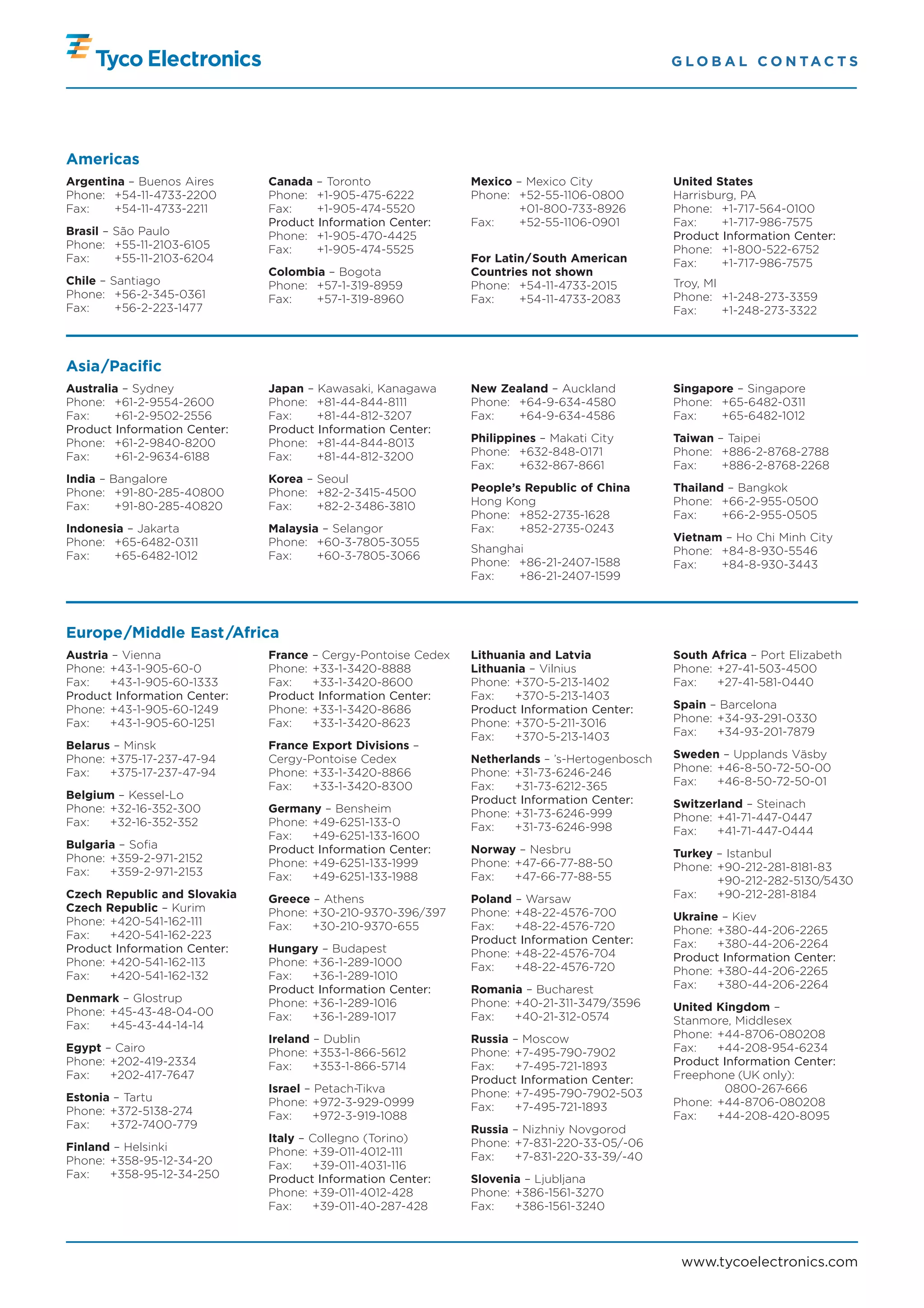 G L O B A L C O N TA C T S




Americas
Argentina – Buenos Aires      Canada – Toronto                Mexico – Mexico City             United States
Phone: +54-11-4733-2200       Phone: +1-905-475-6222          Phone: +52-55-1106-0800          Harrisburg, PA
Fax:    +54-11-4733-2211      Fax:    +1-905-474-5520                 +01-800-733-8926         Phone: +1-717-564-0100
                              Product Information Center:     Fax:    +52-55-1106-0901         Fax:    +1-717-986-7575
Brasil – São Paulo            Phone: +1-905-470-4425                                           Product Information Center:
Phone: +55-11-2103-6105       Fax:    +1-905-474-5525                                          Phone: +1-800-522-6752
Fax:     +55-11-2103-6204                                     For Latin/South American         Fax:    +1-717-986-7575
                              Colombia – Bogota               Countries not shown
Chile – Santiago              Phone: +57-1-319-8959           Phone: +54-11-4733-2015          Troy, MI
Phone: +56-2-345-0361         Fax:   +57-1-319-8960           Fax:    +54-11-4733-2083         Phone: +1-248-273-3359
Fax:     +56-2-223-1477                                                                        Fax:     +1-248-273-3322



Asia/Pacific
Australia – Sydney            Japan – Kawasaki, Kanagawa      New Zealand – Auckland           Singapore – Singapore
Phone: +61-2-9554-2600        Phone: +81-44-844-8111          Phone: +64-9-634-4580            Phone: +65-6482-0311
Fax:    +61-2-9502-2556       Fax:    +81-44-812-3207         Fax:   +64-9-634-4586            Fax:   +65-6482-1012
Product Information Center:   Product Information Center:
Phone: +61-2-9840-8200        Phone: +81-44-844-8013          Philippines – Makati City        Taiwan – Taipei
Fax:    +61-2-9634-6188       Fax:    +81-44-812-3200         Phone: +632-848-0171             Phone: +886-2-8768-2788
                                                              Fax:    +632-867-8661            Fax:    +886-2-8768-2268
India – Bangalore             Korea – Seoul
Phone: +91-80-285-40800       Phone: +82-2-3415-4500          People’s Republic of China       Thailand – Bangkok
Fax:     +91-80-285-40820     Fax:    +82-2-3486-3810         Hong Kong                        Phone: +66-2-955-0500
                                                              Phone: +852-2735-1628            Fax:    +66-2-955-0505
Indonesia – Jakarta           Malaysia – Selangor             Fax:    +852-2735-0243
Phone: +65-6482-0311          Phone: +60-3-7805-3055                                           Vietnam – Ho Chi Minh City
                                                              Shanghai                         Phone: +84-8-930-5546
Fax:   +65-6482-1012          Fax:    +60-3-7805-3066
                                                              Phone: +86-21-2407-1588          Fax:   +84-8-930-3443
                                                              Fax:   +86-21-2407-1599



Europe/Middle East /Africa
Austria – Vienna              France – Cergy-Pontoise Cedex   Lithuania and Latvia             South Africa – Port Elizabeth
Phone: +43-1-905-60-0         Phone: +33-1-3420-8888          Lithuania – Vilnius              Phone: +27-41-503-4500
Fax:   +43-1-905-60-1333      Fax:   +33-1-3420-8600          Phone: +370-5-213-1402           Fax:   +27-41-581-0440
Product Information Center:   Product Information Center:     Fax:   +370-5-213-1403
Phone: +43-1-905-60-1249      Phone: +33-1-3420-8686          Product Information Center:      Spain – Barcelona
Fax:   +43-1-905-60-1251      Fax:   +33-1-3420-8623          Phone: +370-5-211-3016           Phone: +34-93-291-0330
                                                              Fax:   +370-5-213-1403           Fax:   +34-93-201-7879
Belarus – Minsk               France Export Divisions –
Phone: +375-17-237-47-94      Cergy-Pontoise Cedex            Netherlands – ’s-Hertogenbosch   Sweden – Upplands Väsby
Fax:   +375-17-237-47-94      Phone: +33-1-3420-8866          Phone: +31-73-6246-246           Phone: +46-8-50-72-50-00
                              Fax:   +33-1-3420-8300          Fax:   +31-73-6212-365           Fax:   +46-8-50-72-50-01
Belgium – Kessel-Lo                                           Product Information Center:
Phone: +32-16-352-300         Germany – Bensheim                                               Switzerland – Steinach
                                                              Phone: +31-73-6246-999           Phone: +41-71-447-0447
Fax:   +32-16-352-352         Phone: +49-6251-133-0           Fax:   +31-73-6246-998
                              Fax:   +49-6251-133-1600                                         Fax:   +41-71-447-0444
Bulgaria – Sofia              Product Information Center:     Norway – Nesbru
Phone: +359-2-971-2152                                                                         Turkey – Istanbul
                              Phone: +49-6251-133-1999        Phone: +47-66-77-88-50           Phone: +90-212-281-8181-83
Fax:   +359-2-971-2153        Fax:   +49-6251-133-1988        Fax:   +47-66-77-88-55                  +90-212-282-5130/5430
Czech Republic and Slovakia   Greece – Athens                 Poland – Warsaw                  Fax:   +90-212-281-8184
Czech Republic – Kurim        Phone: +30-210-9370-396/397     Phone: +48-22-4576-700
Phone: +420-541-162-111                                                                        Ukraine – Kiev
                              Fax:   +30-210-9370-655         Fax:   +48-22-4576-720           Phone: +380-44-206-2265
Fax:   +420-541-162-223                                       Product Information Center:
Product Information Center:   Hungary – Budapest                                               Fax:   +380-44-206-2264
                                                              Phone: +48-22-4576-704           Product Information Center:
Phone: +420-541-162-113       Phone: +36-1-289-1000           Fax:   +48-22-4576-720
Fax:   +420-541-162-132       Fax:   +36-1-289-1010                                            Phone: +380-44-206-2265
                              Product Information Center:     Romania – Bucharest              Fax:   +380-44-206-2264
Denmark – Glostrup            Phone: +36-1-289-1016           Phone: +40-21-311-3479/3596
Phone: +45-43-48-04-00                                                                         United Kingdom –
                              Fax:   +36-1-289-1017           Fax:   +40-21-312-0574           Stanmore, Middlesex
Fax:   +45-43-44-14-14
                              Ireland – Dublin                Russia – Moscow                  Phone: +44-8706-080208
Egypt – Cairo                 Phone: +353-1-866-5612          Phone: +7-495-790-7902           Fax:   +44-208-954-6234
Phone: +202-419-2334          Fax:    +353-1-866-5714         Fax:   +7-495-721-1893           Product Information Center:
Fax:   +202-417-7647                                          Product Information Center:      Freephone (UK only):
                              Israel – Petach-Tikva           Phone: +7-495-790-7902-503              +0800-267-666
Estonia – Tartu               Phone: +972-3-929-0999                                           Phone: +44-8706-080208
Phone: +372-5138-274                                          Fax:   +7-495-721-1893
                              Fax:     +972-3-919-1088                                         Fax:   +44-208-420-8095
Fax:   +372-7400-779                                          Russia – Nizhniy Novgorod
                              Italy – Collegno (Torino)       Phone: +7-831-220-33-05/-06
Finland – Helsinki            Phone: +39-011-4012-111
Phone: +358-95-12-34-20                                       Fax:   +7-831-220-33-39/-40
                              Fax:    +39-011-4031-116
Fax:   +358-95-12-34-250      Product Information Center:     Slovenia – Ljubljana
                              Phone: +39-011-4012-428         Phone: +386-1561-3270
                              Fax:    +39-011-40-287-428      Fax:   +386-1561-3240



                                                                                                www.tycoelectronics.com
 