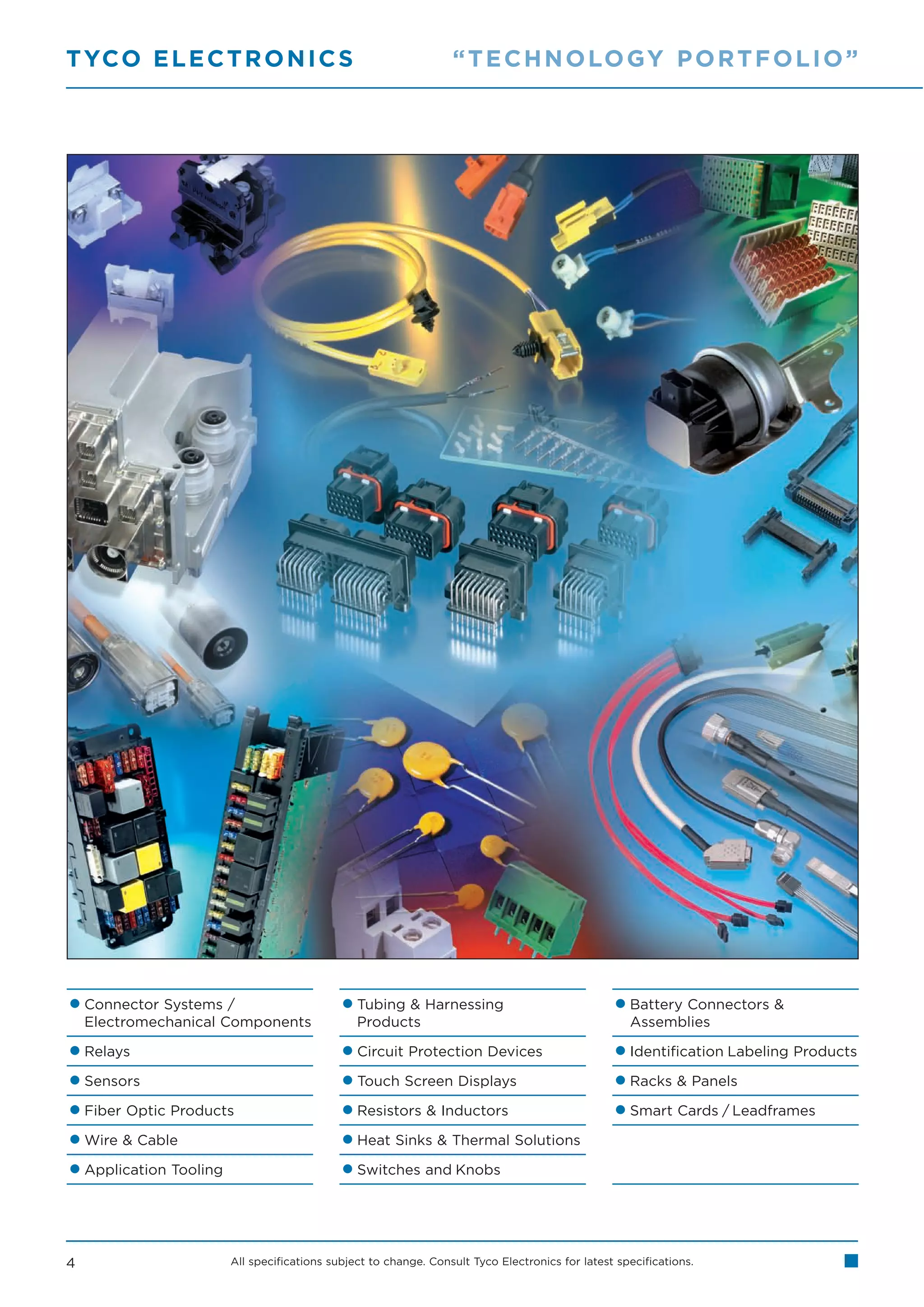 T YCO E L E C T R O N I C S                                  “ T E C H N O LO GY P O R T F O L I O ”




• Connector SystemsComponents
  Electromechanical
                      /                • Tubing & Harnessing
                                         Products
                                                                                            • Battery Connectors &
                                                                                              Assemblies

• Relays                               • Circuit Protection Devices                         • Identification Labeling Products
• Sensors                              • Touch Screen Displays                              • Racks & Panels
• Fiber Optic Products                 • Resistors & Inductors                              • Smart Cards / Leadframes
• Wire & Cable                         • Heat Sinks & Thermal Solutions
• Application Tooling                  • Switches and Knobs

4                  All specifications subject to change. Consult Tyco Electronics for latest specifications.
 