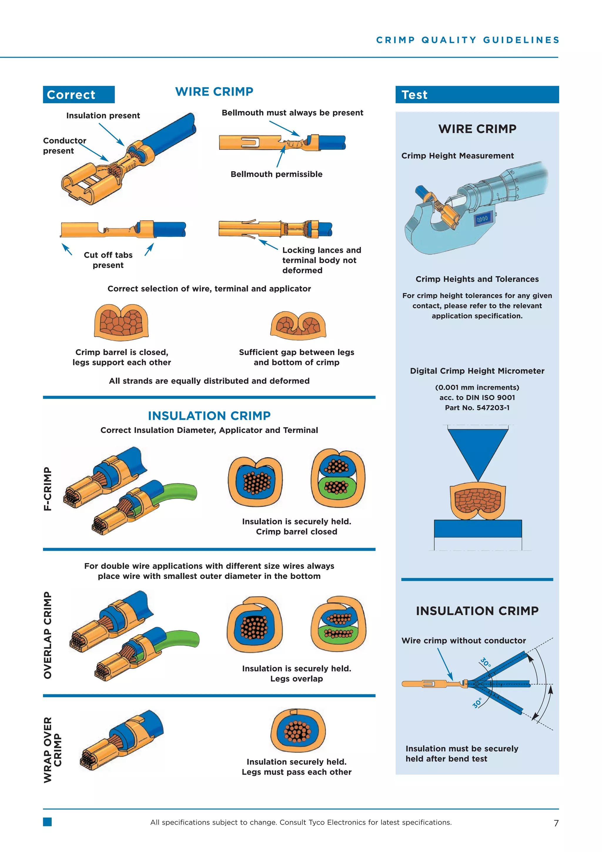 CRIMP QUALITY GUIDELINES




    Correct                                 WIRE CRIMP                                                         Test
                Insulation present                        Bellmouth must always be present

                                                                                                                         WIRE CRIMP
Conductor
present
                                                                                                               Crimp Height Measurement

                                                            Bellmouth permissible




                                                                           Locking lances and
                    Cut off tabs
                                                                           terminal body not
                      present
                                                                           deformed
                                                                                                                   Crimp Heights and Tolerances
                          Correct selection of wire, terminal and applicator
                                                                                                               For crimp height tolerances for any given
                                                                                                                 contact, please refer to the relevant
                                                                                                                       application specification.




                  Crimp barrel is closed,                      Sufficient gap between legs
                 legs support each other                          and bottom of crimp
                                                                                                                 Digital Crimp Height Micrometer
                          All strands are equally distributed and deformed
                                                                                                                         (0.001 mm increments)
                                                                                                                          acc. to DIN ISO 9001
                                                                                                                            Part No. 547203-1
                                     INSULATION CRIMP
                        Correct Insulation Diameter, Applicator and Terminal
F-CRIMP




                                                                Insulation is securely held.
                                                                   Crimp barrel closed



                    For double wire applications with different size wires always
                       place wire with smallest outer diameter in the bottom
OVERLAP CRIMP




                                                                                                                   INSULATION CRIMP

                                                                                                               Wire crimp without conductor
                                                                                                                                    30




                                                                Insulation is securely held.
                                                                                                                                      °




                                                                       Legs overlap
                                                                                                                                   °
                                                                                                                                 30
WRAP OVER
  CRIMP




                                                                                                                Insulation must be securely
                                                                 Insulation securely held.                      held after bend test
                                                                Legs must pass each other




                                     All specifications subject to change. Consult Tyco Electronics for latest specifications.                             7
 