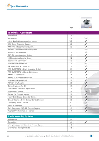 Page



 Terminals & Connectors
 Introduction                                                                                           27
 Technology                                                                                             28         
 Micro Quadlok Interconnection System                                                                   29         
 AMP Timer Connector System                                                                             29         
 AMP MCP Interconnection System                                                                         30         
 MCON-1.2 mm Interconnection System                                                                     30         
 MULTILOCK Connectors                                                                                    31        
 GET .64 Interconnection System                                                                          31        
 MIC Connectors I and IV Series                                                                         32         
 Econoseal III Connectors                                                                               32         
 Positive Mate Connectors                                                                               33         
 .140 MATE-N-LOK Connectors                                                                             33         
 AMP SUPERSEAL 1.0 mm Connector System                                                                  34         
 AMP SUPERSEAL 1.5 Series Connectors                                                                    34         
 AMPSEAL Connectors                                                                                     35         
 AMPSEAL 16 Connector System                                                                            35         
 Positive Lock Connectors                                                                               36         
 ACTION PIN/Pressfit                                                                                    36         
 Contact Systems for IDC                                                                                37         
 Contacts for Flexcircuit Applications                                                                  37
 Flat Contact System                                                                                    38         
 Sensor Flat Contact System                                                                             38         
 Heavy Duty Sealed Connector Series                                                                     39         
 Dia 1.5, 2.5 and 4.0 mm Circular Contact System                                                        39         
 Coil Spring Power Contact                                                                              40         
 FASTON Terminals                                                                                       40         
 Tyco Electronics PRONER Contact System                                                                  41        
 Magnet Wire Terminals and Splices                                                                       41        

 Cable Assembly Systems
 Introduction                                                                                           43
 Technology                                                                                             44         
 Wiring Products with Standard Contact System                                                           45
 Overmolded Wiring Products                                                                             45




14                     All specifications subject to change. Consult Tyco Electronics for latest specifications.
 