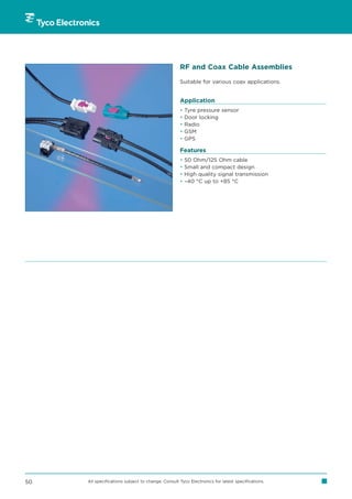RF and Coax Cable Assemblies

                                                   Suitable for various coax applications.


                                                   Application
                                                   •   Tyre pressure sensor
                                                   •   Door locking
                                                   •   Radio
                                                   •   GSM
                                                   •   GPS

                                                   Features
                                                   •   50 Ohm/125 Ohm cable
                                                   •   Small and compact design
                                                   •   High quality signal transmission
                                                   •   –40 °C up to +85 °C




50   All specifications subject to change. Consult Tyco Electronics for latest specifications.
 