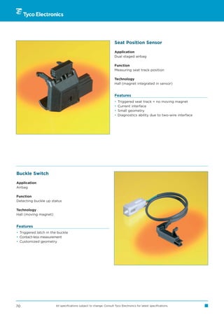 Seat Position Sensor

                                                                     Application
                                                                     Dual staged airbag

                                                                     Function
                                                                     Measuring seat track position

                                                                     Technology
                                                                     Hall (magnet integrated in sensor)


                                                                     Features
                                                                     •   Triggered seat track = no moving magnet
                                                                     •   Current interface
                                                                     •   Small geometry
                                                                     •   Diagnostics ability due to two-wire interface




Buckle Switch

Application
Airbag

Function
Detecting buckle up status

Technology
Hall (moving magnet)


Features
• Triggered latch in the buckle
• Contact-less measurement
• Customized geometry




70                     All specifications subject to change. Consult Tyco Electronics for latest specifications.
 