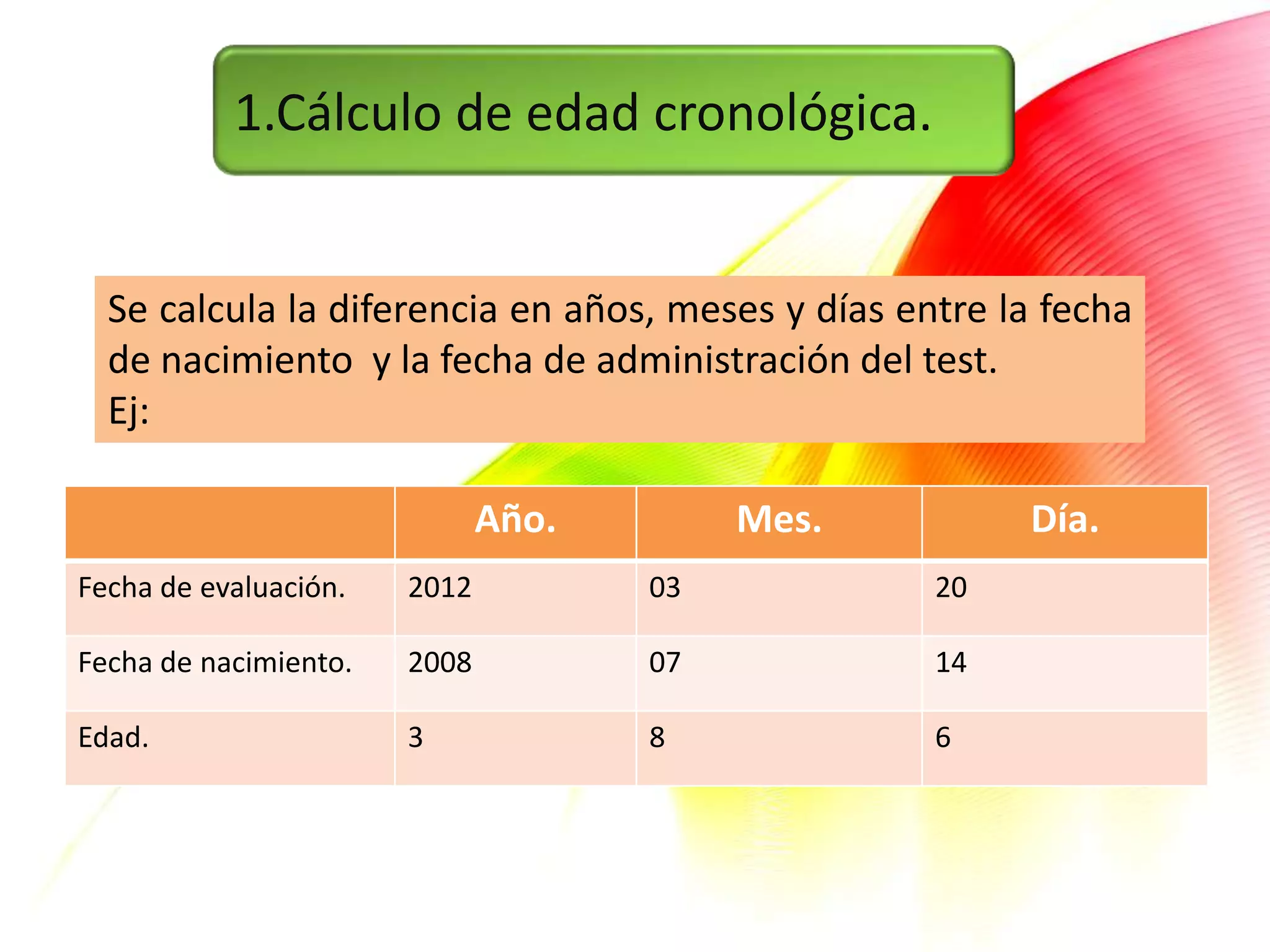 1.Cálculo de edad cronológica.


  Se calcula la diferencia en años, meses y días entre la fecha
  de nacimiento y la fecha de administración del test.
  Ej:

                              Año.        Mes.          Día.
Fecha de evaluación.   2012          03            20

Fecha de nacimiento.   2008          07            14

Edad.                  3             8             6
 