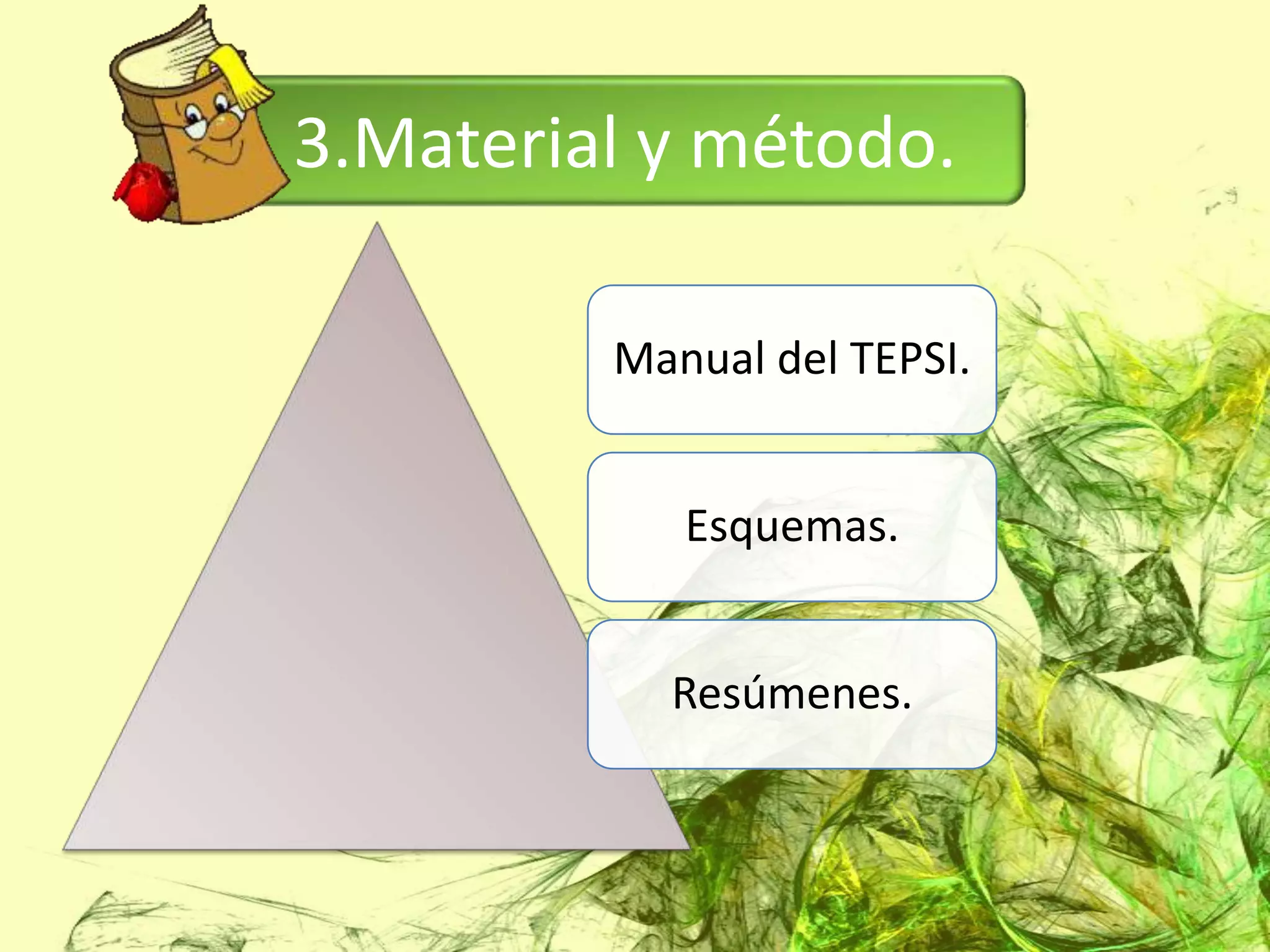 3.Material y método.

         Manual del TEPSI.


            Esquemas.


           Resúmenes.
 