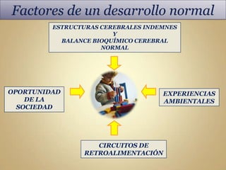 ESTRUCTURAS CEREBRALES INDEMNES
                        Y
           BALANCE BIOQUÍMICO CEREBRAL
                     NORMAL




OPORTUNIDAD                         EXPERIENCIAS
    DE LA                           AMBIENTALES
  SOCIEDAD




                   CIRCUITOS DE
                RETROALIMENTACIÓN
 