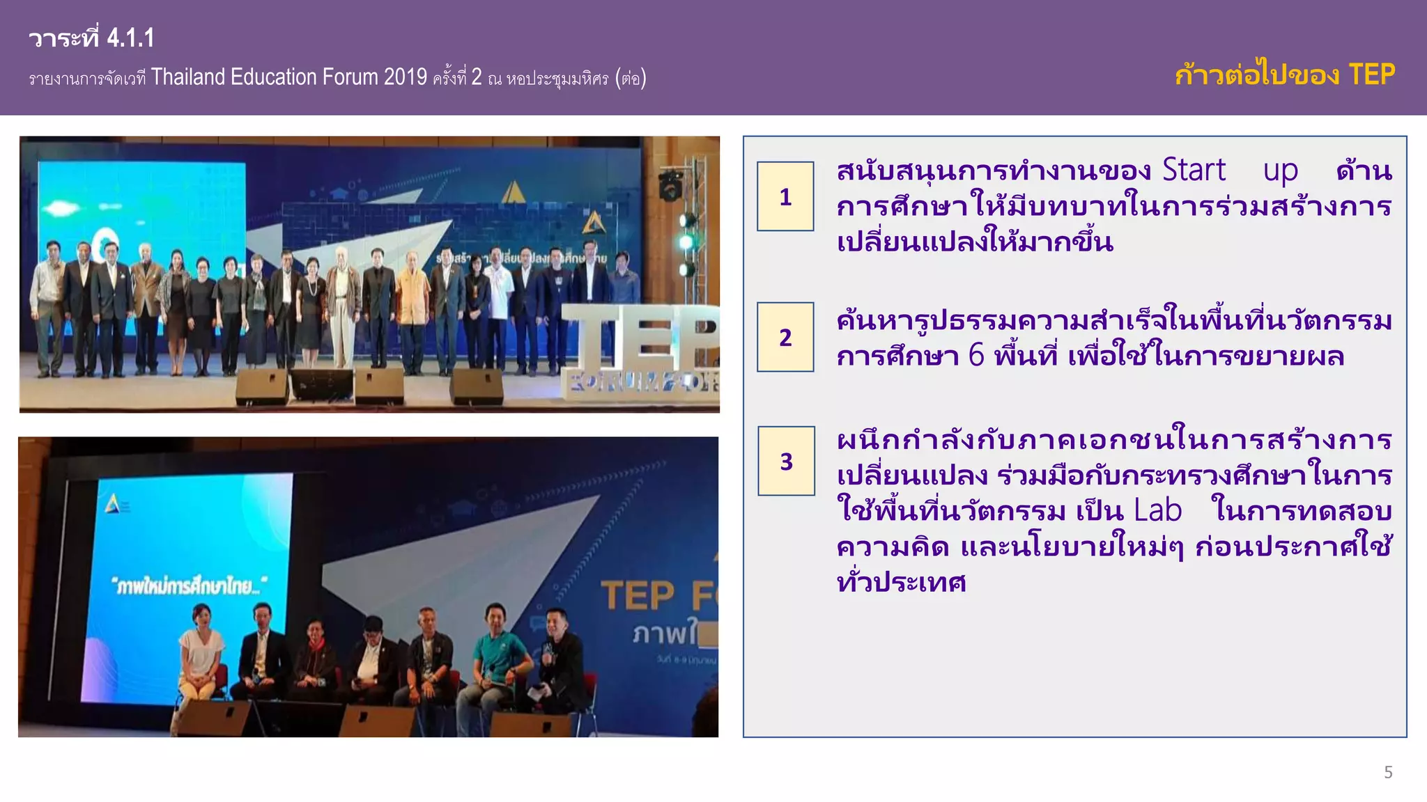 5
วาระที่ 4.1.1
รายงานการจัดเวที Thailand Education Forum 2019 ครั้งที่ 2 ณ หอประชุมมหิศร (ต่อ) ก้าวต่อไปของ TEP
สนับสนุนการทางานของ Start up ด้าน
การศึกษาให้มีบทบาทในการร่วมสร้างการ
เปลี่ยนแปลงให้มากขึ้น
ค้นหารูปธรรมความสาเร็จในพื้นที่นวัตกรรม
การศึกษา 6 พื้นที่ เพื่อใช้ในการขยายผล
ผนึกกาลังกับภาคเอกชนในการสร้างการ
เปลี่ยนแปลง ร่วมมือกับกระทรวงศึกษาในการ
ใช้พื้นที่นวัตกรรม เป็ น Lab ในการทดสอบ
ความคิด และนโยบายใหม่ๆ ก่อนประกาศใช้
ทั่วประเทศ
1
2
3
 