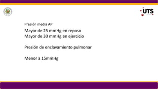 Mayor de 25 mmHg en reposo
Mayor de 30 mmHg en ejercicio
Presión de enclavamiento pulmonar
Menor a 15mmHg
Presión media AP
 