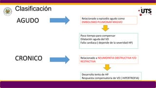 Clasificación
AGUDO
CRONICO
Relacionado a episodio agudo como
EMBOLISMO PULMONAR MASIVO
Poco tiempo para compensar
Dilatación aguda del VD
Falla cardiaca ( depende de la severidad HP)
Relacionado a NEUMOPATIA OBSTRUCTIVA Y/O
RESTRICTIVA
Desarrollo lento de HP
Respuesta compensatoria de VD ( HIPERTROFIA)
 