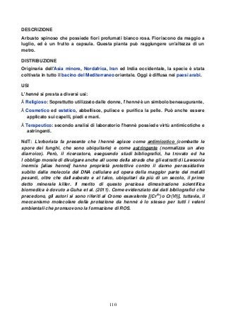 110
DESCRIZIONE
Arbusto spinoso che possiede fiori profumati bianco rosa. Fioriscono da maggio a
luglio, ed è un frutto a capsula. Questa pianta può raggiungere un'altezza di un
metro.
DISTRIBUZIONE
Originaria dell'Asia minore, Nordafrica, Iran ed India occidentale, la specie è stata
coltivata in tutto il bacino del Mediterraneo orientale. Oggi è diffusa nei paesi arabi.
USI
L'henné si presta a diversi usi:
Religioso: Soprattutto utilizzato dalle donne, l'henné è un simbolo beneaugurante,
Cosmetico ed estetico, abbellisce, pulisce e purifica la pelle. Può anche essere
applicato sui capelli, piedi e mani.
Terapeutico: secondo analisi di laboratorio l'hennè possiede virtù antimicotiche e
astringenti.
NdT: L'erborista fa presente che l henné agisce come antimicotico (combatte le
spore dei funghi, che sono ubiquitarie) e come astringente (normalizza un alvo
diarroico). Però, il ricercatore, eseguendo studi bibliografici, ha trovato ed ha
l obbligo morale di divulgare anche all uomo della strada che gli estratti di Lawsonia
inermis [alias henné] hanno proprietà protettive contro il danno perossidativo
subito dalla molecola del DNA cellulare ad opera della maggior parte dei metalli
pesanti, oltre che dall asbesto e al talco, ubiquitari da più di un secolo, il primo
detto minerale killer. Il merito di questo preziosa dimostrazione scientifica
biomedica è dovuto a Guha et al. (2011). Come evidenziato dai dati bibliografici che
precedono, gli autori si sono riferiti al Cromo esavalente [(Cr6+
)o Cr(VI)], tuttavia, il
meccanismo molecolare della protezione da henné è lo stesso per tutti i veleni
ambientali che promuovono la formazione di ROS.
 