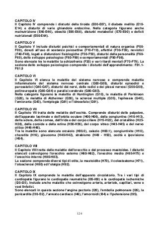 124
CAPITOLO IV
Il Capitolo IV comprende i disturbi della tiroide (E00-E07), il diabete mellito (E10-
E14) e disturbi di varie ghiandole endocrine. Nella categoria figurano anche
malnutrizione (E40-E46), obesità (E65-E68), disturbi metabolici (E70-E90) e deficit
nutrizionali (E50-E64).
CAPITOLO V
Il Capitolo V include disturbi psichici e comportamentali di natura organica (F00-
F09), dovuti all'uso di sostanze psicoattive (F10-F19), affettivi (F30-F39), nevrotici
(F40-F48), legati a disfunzioni fisiologiche (F50-F59), disturbi della personalità (F60-
F69), dello sviluppo psicologico (F80-F89) e comportamentali (F90-F98).
Sono elencate tra le malattie la schizofrenia (F20) e vari ritardi mentali (F70-F79). La
sezione dello sviluppo psicologico comprende i disturbi dell'apprendimento: F81.1-
F81.9
CAPITOLO VI
Il Capitolo VI elenca le malattie del sistema nervoso e comprende malattie
infiammatorie del sistema nervoso centrale (G00-G09), disturbi episodici e
parossistici (G40-G47), disturbi dei nervi, delle radici e dei plessi nervosi (G50-G59),
polineuropatie (G60-G64) e paralisi cerebrale (G80-G83).
Nella categoria figurano la malattia di Huntington (G10), la malattia di Parkinson
(G20), la malattia di Alzheimer (G30), la sclerosi multipla (G35), l'epilessia (G40),
l'emicrania (G43), l'emiplegia (G81) e l'idrocefalo (G91).
CAPITOLO VII
Il Capitolo VII tratta delle malattie dell'occhio. Comprende disturbi delle palpebre,
dell'apparato lacrimale e dell'orbita oculare (H00-H06), della congiuntiva (H10-H13),
della sclera, della cornea, dell'iride e del corpo ciliare (H15-H22), del cristallino (H25-
H28), della coroide e della retina (H30-H36), del corpo vitreo (H43-H45) e del nervo
ottico (H46-H48).
Tra le malattie sono elencate orzaiolo (H00.0), calazio (H00.1), congiuntivite (H10),
cheratite (H16), glaucoma (H40-H42), strabismo (H49 - H50), cecità e ipovisione
(H54).
CAPITOLO VIII
Il Capitolo VIII tratta delle malattie dell'orecchio e del processo mastoideo. I disturbi
elencati coinvolgono l'orecchio esterno (H60-H62), l'orecchio medio (H65-H75) e
l'orecchio interno (H80-H83).
La sezione comprende diversi tipi di otite, la mastoidite (H70), il colesteatoma (H71),
l'otosclerosi (H80) ed l'otalgia (H92).
CAPITOLO IX
Il Capitolo IX comprende le malattie dell'apparato circolatorio. Tra i vari tipi di
cardiopatie figurano le cardiopatie reumatiche (I05-I09) e le cardiopatie ischemiche
(I20-I25). Include anche malattie che coinvolgono arterie, arteriole, capillari, vene e
vasi linfatici.
Sono elencati in questa sezione l'angina pectoris (I20), l'embolia polmonare (I26), la
pericardite (I30-I32), l'arresto cardiaco (I46), l'emorroidi (I84) e l'ipotensione (I95).
 