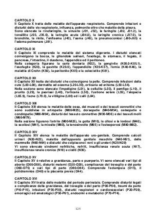 125
CAPITOLO X
Il Capitolo X tratta delle malattie dell'apparato respiratorio. Comprende infezioni e
disturbi delle vie respiratorie, influenza, polmonite oltre che malattie della pleura.
Sono elencate la rinofaringite, la sinusite (J01, J32), la faringite (J02, J31.2), la
tonsillite (J03, J35.0), la laringite acuta (J04.0), la laringite cronica (J37.0), la
bronchite, la rinite, l'enfisema (J43), l'asma (J45), la pneumoconiosi (J60-J65) e
l'edema polmonare (J81).
CAPITOLO XI
Il Capitolo XI comprende le malattie del sistema digerente. I disturbi elencati
coinvolgono la bocca, le ghiandole salivari, l'esofago, lo stomaco, il fegato, il
pancreas, l'intestino, il duodeno, l'appendice ed il peritoneo.
Nella categoria figurano la carie dentaria (K02), la gengivite (K05.0-K05.1),
l'esofagite (K20), la gastrite (K29.0), l'appendicite (K35-K37), l'ernia (K40-K46), la
malattia di Crohn (K50), la peritonite (K65) e la colecistite (K81).
CAPITOLO XII
Il Capitolo XII tratta dei disturbi che coinvolgono la pelle. Comprende infezioni della
cute (L00-L08), dermatite ed eczema (L20-L30), orticaria ed eritema (L50-L54).
Nella sezione sono elencate l'impetigine (L01), la cellulite (L03), il pemfigo (L10), il
prurito (L29), la psoriasi (L40), l'orticaria (L50), l'ustione solare (L55), l'alopecia
(L65.9), l'acne (L70.0), la vitiligine (L80) ed i calli (L84).
CAPITOLO XIII
Il Capitolo XIII elenca le malattie delle ossa, dei muscoli e dei tessuti connettivi che
sono suddivise in artropatie (M00-M25), dorsopatie (M40-M54), osteopatie e
condropatie (M80-M94), disturbi del tessuto connettivo (M30-M36) e dei tessuti molli
(M60-M79).
Nella sezione figurano l'artrite (M00-M25), la gotta (M10), la cifosi e la lordosi (M40),
la scoliosi (M41), la miosite (M60), la tenosinovite (M65) e l'osteoporosi (M80-M82).
CAPITOLO XIV
Il Capitolo XIV elenca le malattie dell'apparato uro-genitale. Comprende calcoli
urinari (N20-N23), malattie dell'apparato genitale maschile (N40-N51), delle
mammelle (N60-N64) e disturbi che colpiscono i reni e gli ureteri (N25-N29)
Vi sono elencate sindromi nefritiche, nefriti, insufficienza renale acuta (N17),
insufficienza renale cronica (N18) e cistiti (N30).
CAPITOLO XV
Il Capitolo XV è relativo a gravidanza, parto e puerperio. Vi sono elencati vari tipi di
aborto (O00-O08), disturbi materni (O20-O29), complicanze del travaglio e del parto
(O60-O75) e vari tipi di parto (O80-O84). Comprende l'eclampsia (O15), il
polidramnios (O40) e la placenta previa (O44).
CAPITOLO XVI
Il Capitolo XVI tratta delle malattie del periodo perinatale. Comprende disturbi legati
a complicanze della gravidanza, del travaglio e del parto (P00-P04), traumi da parto
(P10-P15), infezioni (P35-P39), disturbi respiratori e cardiovascolari (P20-P29),
emorragici ed ematologici (P50-P61), endocrini e metabolici (P70-P74).
 
